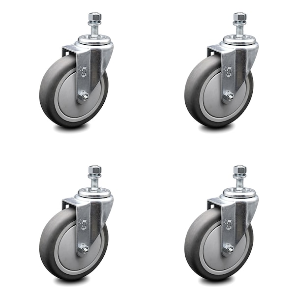 5 Inch Thermoplastic Rubber Wheel Swivel 10mm Threaded Stem Caster Set SCC